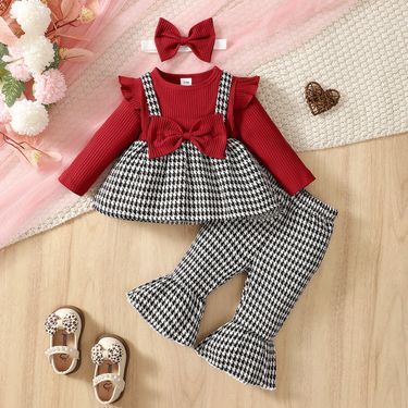 Independent Station Cross Border Exclusive New Product Baby Girl Long Sleeved Ribbed Cotton Patchwork Houndstooth Top And Houndstooth Trousers Set_voghion.com