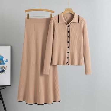 K Cardigan Sweater With A Half-length Skirt, Two-piece Set For Women, Knitted POLO Collar Slim-fit Women's Fashion Suit_voghion.com