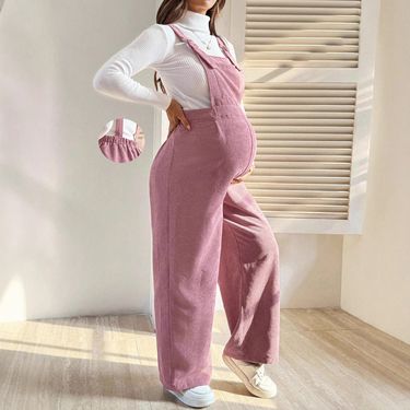 Maternity Overalls – Stretchy Corduroy Pants For Pregnant Women (S-XL, Black/Pink)_voghion.com
