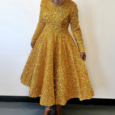 D469 New Women's Round Neck Long Sleeve Solid Color Sequin High Waist Temperament Mid length Dress_voghion.com