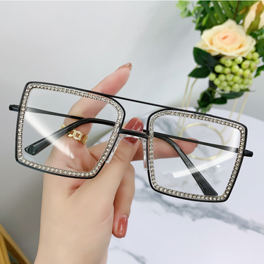 Square Anti Blue Light Blocking Glasses for Women with Rhinestone Thick Computer Eyeglasses_voghion.com