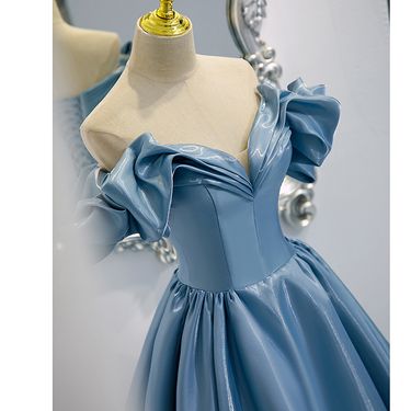 Banquet Evening Dress Blue Satin Long One Shoulder Ball Dress_voghion.com