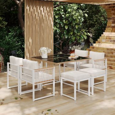 7-teiliges Outdoor-Esstischset Für 6 Personen, Tisch Mit Glasplatte Und PE-Rattan, Akazienholz_voghion.com