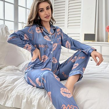 Homewear Pajamas Ice Silk Fabric Lip Printing Luxury Blue Long-sleeved Trousers Thin Pajamas Women_voghion.com
