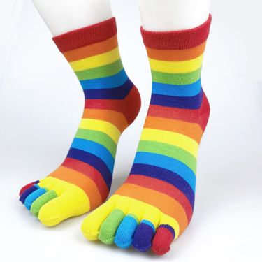 Rainbow Five Finger Socks Combed Cotton Split Toe Socks For Spring, Autumn And Winter Warm Colorful Striped Trendy Fashion Mid Tube Socks_voghion.com