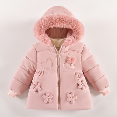 baby girls new cute three-dimensional flower cotton clothes girls thickened fur collar hooded jacket_voghion.com
