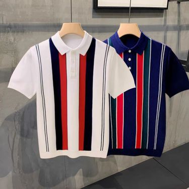 Men's Clothing Casual personality color matching vertical striped polo shirt men summer short sleeve fashion retro slim collar T shirt men tops_mkmklike.com