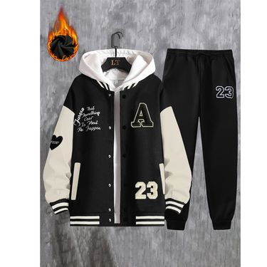Men's Casual Baseball Jacket & Pants Set - Trendy Two-Piece Streetwear Outfit For Youth - Breathable Polyester Blend - Black/Red/Brown/Green (S-2XL)_voghion.com