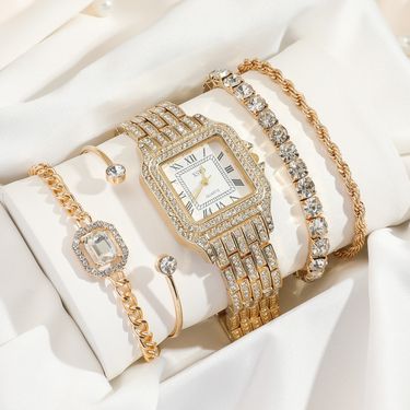 Watch Gift Set 5pcs/set Women's Commuter Style Daily High End Diamond Digital Face Steel Band Quartz Watch Bracelet Set_voghion.com