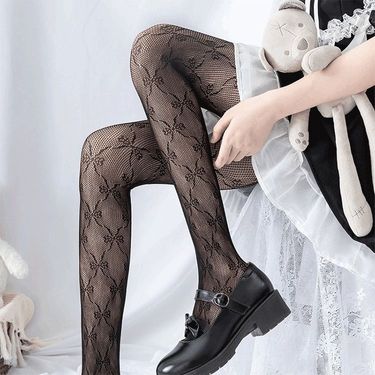 Sexy Lace Fishnet Black Pantyhose Bowknot Women Hollow Out Stockings Sweet Versatile Thin Leg Socks_voghion.com