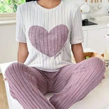 Women's Autumn Sweet Love Pajama Set: Round Neck, Short Sleeve & Trousers - Comfy 2-Piece Homewear_voghion.com