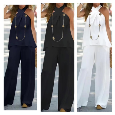 Women's new fashion casual backless solid color sleeveless suit wide-leg pants two-piece suit_ipsvogv.com
