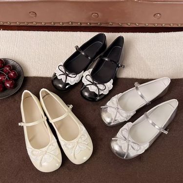 Shallow Single Shoes Bow Flat Bottom Gentle Sweet Lace Lady Shoes Round Head Fashion Women's Shoes_voghion.com