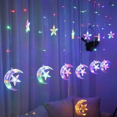 Moon & Stars LED Curtain Lights, Warm White & Multicolor, USB/Battery/Solar Powered, For Bedroom/Christmas/Wedding/Party Decor_voghion.com