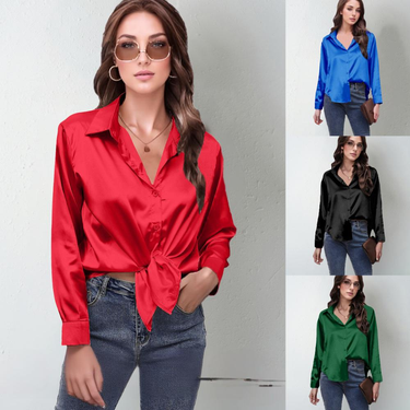 Satin Blouse Women's Long Sleeve Shirt - Elegant Polyester Silk-Like Top For Office & Casual Wear (White, Black, Navy, Lavender & More)_voghion.com