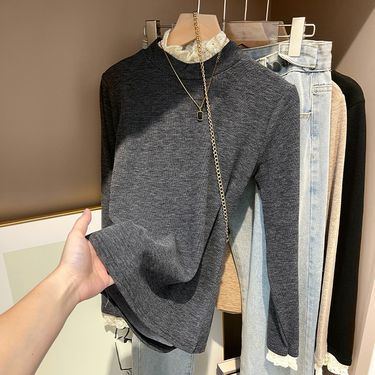 4511 # Sheepskin Half High Collar German Bottom Shirt Women, Interior for Autumn and Winter, Thick Velvet Long Sleeve_voghion.com