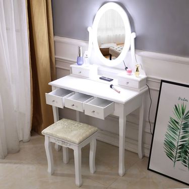 Vanity Table Set with Lighted Mirror, Makeup Dressing Table with 10 LED Lights, Touch Switch, 5 Drawers, Removable Organizer, 10 Dimmable Lights Makeu_voghion.com