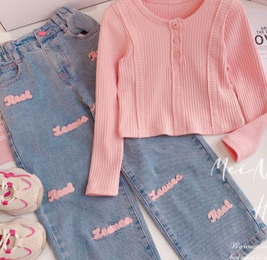 Kid's Clothing Children's clothing girls suits spring 2024 new girls long sleeved round neck waist tops jeans two piece suit_voghion.com