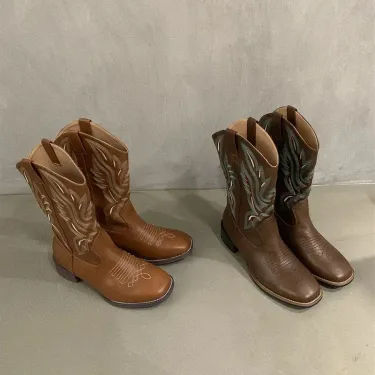 Retro Style Embroidery Women Western Cowgirl Boots Fashion Zippers Mid Calf Booties Square Heels Autumn Winter Shoes_voghion.com