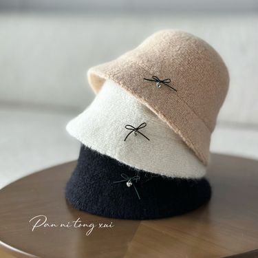 Unisex Wool rabbit hair blend fisherman hat ladies fall and winter show face hour bow winter warm hat_voghion.com