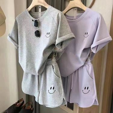 Women's Embroidered smiley face casual sports suit loose simple fashion age-reducing two-piece suit _viptrois.com
