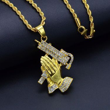 New Hip Hop Men's Prayer Hand Pistol Pendant Trendy Fashion Diamond Set Necklace K1170_voghion.com