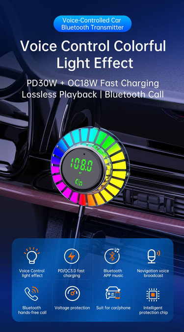 Universal Car Bluetooth Music Player With LED Display - PD30W+QC18W Charging, Voice Assistant, Stable Connection_voghion.com