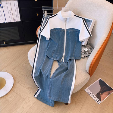 Women's Summer New Fashion Fashionable Fat Women's Suit Short-sleeved Denim Suit Plus Size Women's Casual Age-reducing Two-piece Suit Trend_voghion.com