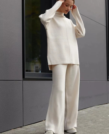 Women's simple long-sleeved loose casual sweater knitted top trousers wide-leg pants two-piece suit_viptrois.com