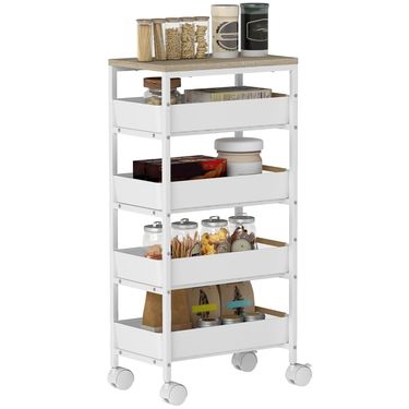 5-stufiger Küchenwagen Holzoptik, Rollbar, 4 Schubladen, Weiß_voghion.com