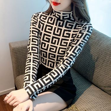Women's Clothing Double sided velvet half high collar slim elastic printed bottoming shirt _voghion.com