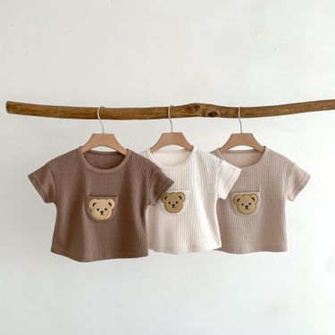 INS Summer Baby Cartoon Little Bear Waffle Round Neck Simple Short sleeved Top for Men and Women Unisex T-shirts_voghion.com