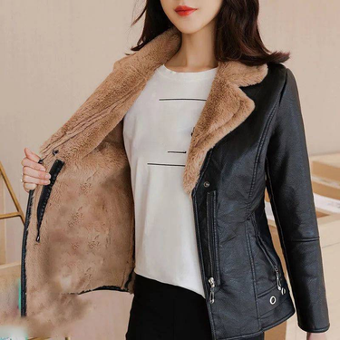 Women's Clothing Autumn And Winter Leather Jacket Thickened Plus Velvet Warm Fur And Leather Clothes Slim Short Leather Jacket_voghion.com