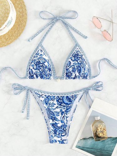 Women's Clothing Blue And White Porcelain Print Lace Up Sexy Bikini Split Swimsuit_voghion.com