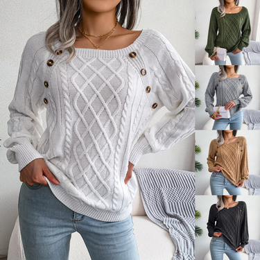 Women's clothing Autumn and Winter Casual Square Neck Button Twist Knit Pullover Sweater Independent Women's Clothing_voghion.com