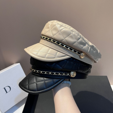 Women's Octagonal Hats plaid leather navy hat fashionable small fragrance chain age-reducing versatile flat-top peaked hat for women_voghion.com
