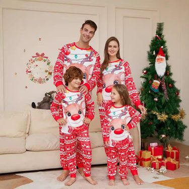 Christmas family home wear deer print round neck long sleeve pajamas set_voghion.com