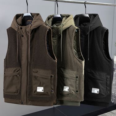 Men's Fleece Hooded Vest Winter Warm Workwear Casual Jacket With Pockets - Black, Brown, Green Trendy Fashion_voghion.com