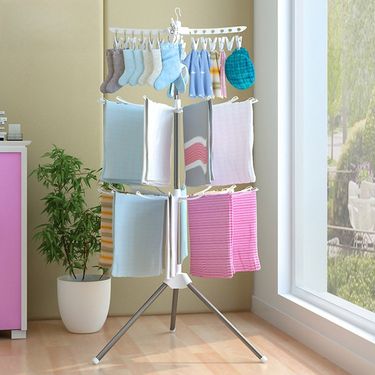 Stainless Steel Baby Clothes Drying Rack – Modern Round Clip Design, Foldable 3-Tier Nursery & Bathroom Organizer (White/Pink)_voghion.com