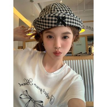 Sweet Flap Bow Plaid Fisherman, Casual Women's Spring And Summer Thin Models Versatile, Show Face Small Bucket_voghion.com