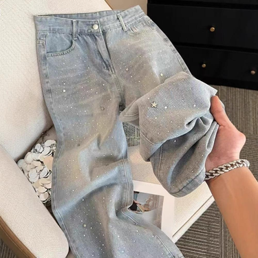Women's Clothing Women's High Waist Flared Jeans With Star Embellishments – Light Blue Comfort Stretch Denim Pants For Casual Chic Style Waist Jeans_voghion.com