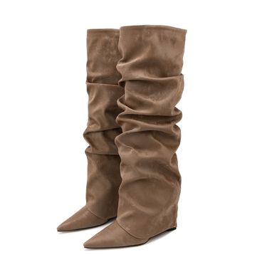 2025 New Trendy Style Knee-High Chunky Wedge Long Fashion Boots Pointed Toe Mid-Calf Rubber_voghion.com