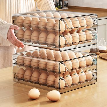 Double Layer Egg Storage Container, Fridge Organizer With Pull-Out Trays, Food-Grade Plastic Egg Holder For 12-60 Eggs, Space Saving Kitchen Essential_voghion.com
