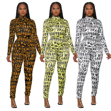 Women's fashion color contrast letters creative print half high neck zipper slim-fit jumpsuit_voghion.com