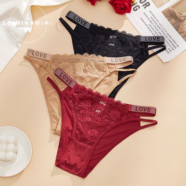 Women's Clothing Sexy Lace Panties With Rhinestone Straps, Low Rise Sheer Mesh Thong Underwear_voghion.com