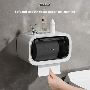 Modern Bathroom Tissue Holder – Waterproof Wall-Mounted Toilet Paper Dispenser, No-Drill Adhesive, Square Design (White/Gray)_voghion.com