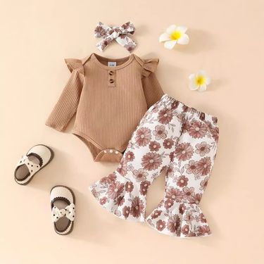 "Soft Cotton Baby Girl Romper Set With Floral Embroidery & Long Pants – Cozy 3-Piece Outfit For Newborns (0-12M, 80cm & Under)_voghion.com