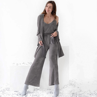 Women's clothing fashion halter pants lace-up robe three-piece pit velvet thermal pajamas_voghion.com