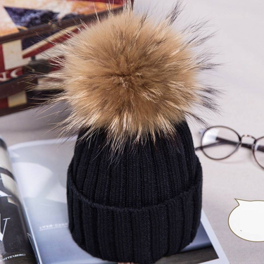 Autumn And Winter Solid Color Crimped Knitted Hat Korean Version Raccoon Fur Ball Wool Thickened Thermal Fur Hat_voghion.com