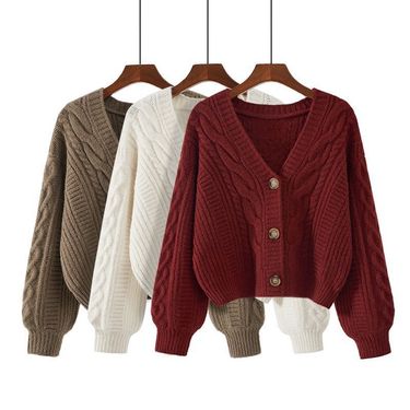 Women's Cable Knit Cardigan – Oversized V-Neck Open Front Sweater (Beige/Red/White) – One Size Fits Most_voghion.com